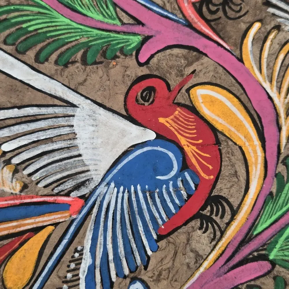 Mexican Hand Painted Folk Art Amate Bark Painting Colorful Birds Flowers Quetzal